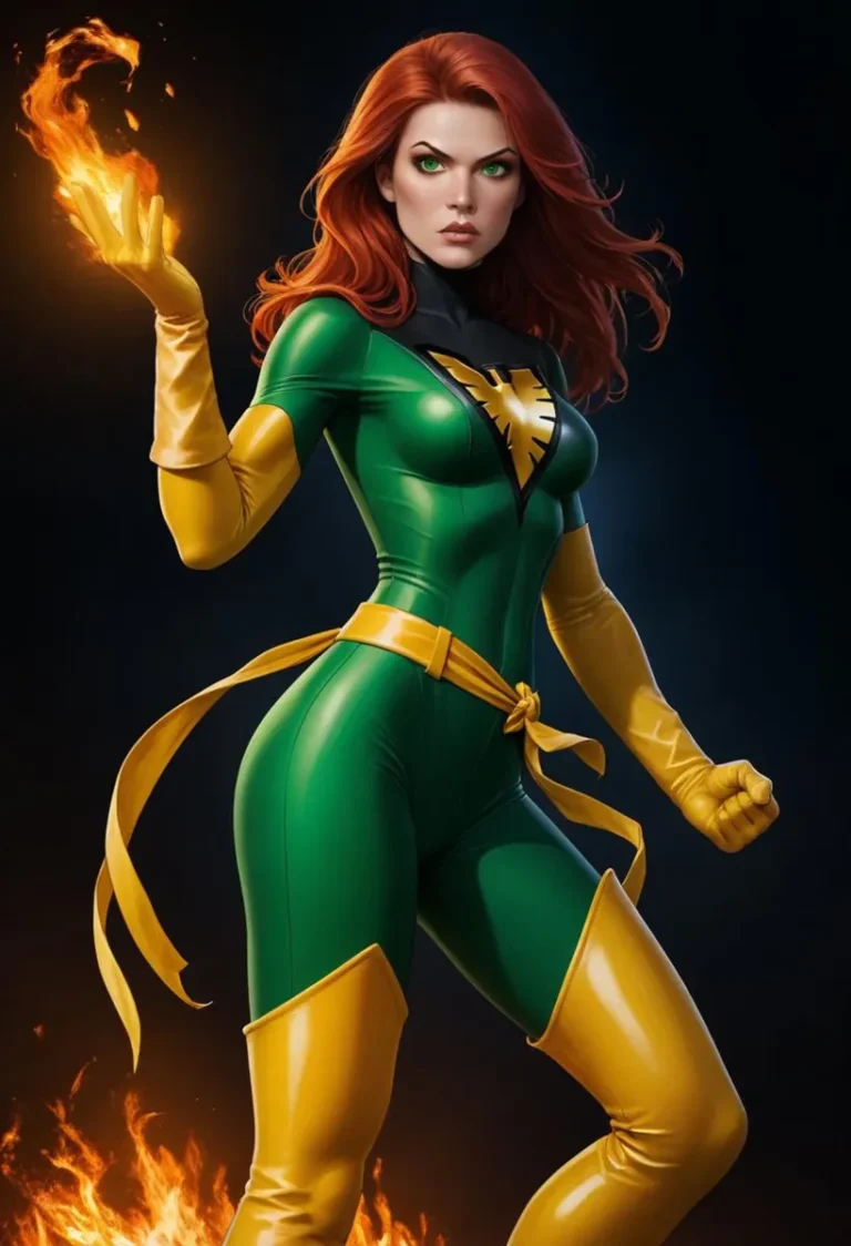 AI-generated image of a superhero woman with fiery powers in a green and yellow suit created using Stable Diffusion.
