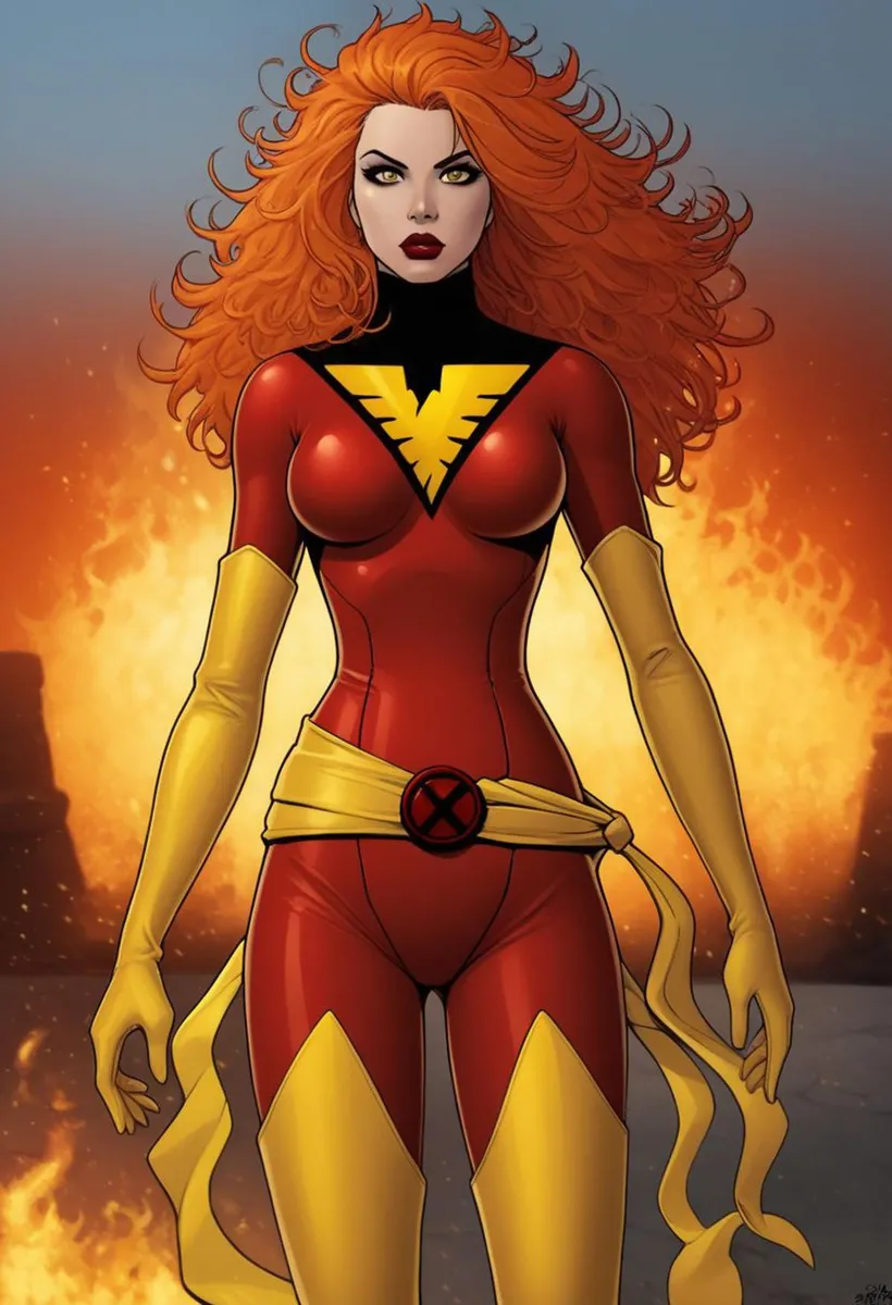 A superhero woman with red hair, dressed in a red and yellow suit, standing in front of a flaming background. AI generated image using Stable Diffusion.
