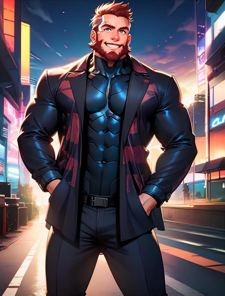 Superhero character with a muscular build in a futuristic cityscape, AI generated using Stable Diffusion.