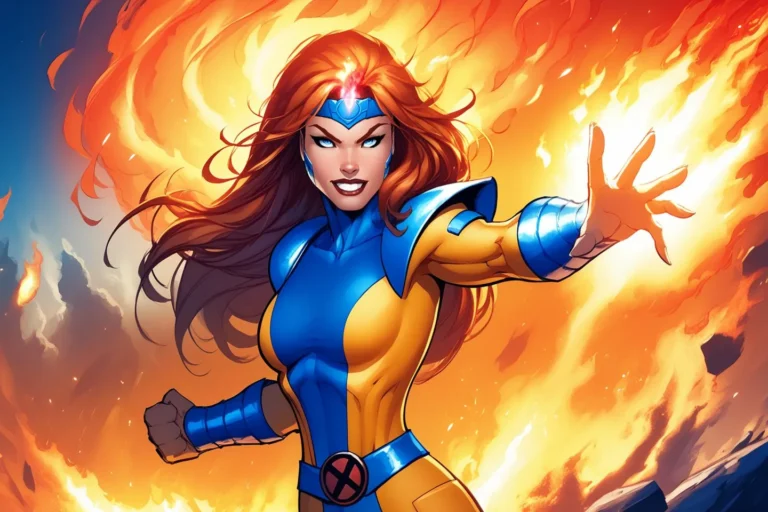 A superhero with fiery red hair and blue-yellow costume displays fire powers. AI generated image using stable diffusion.