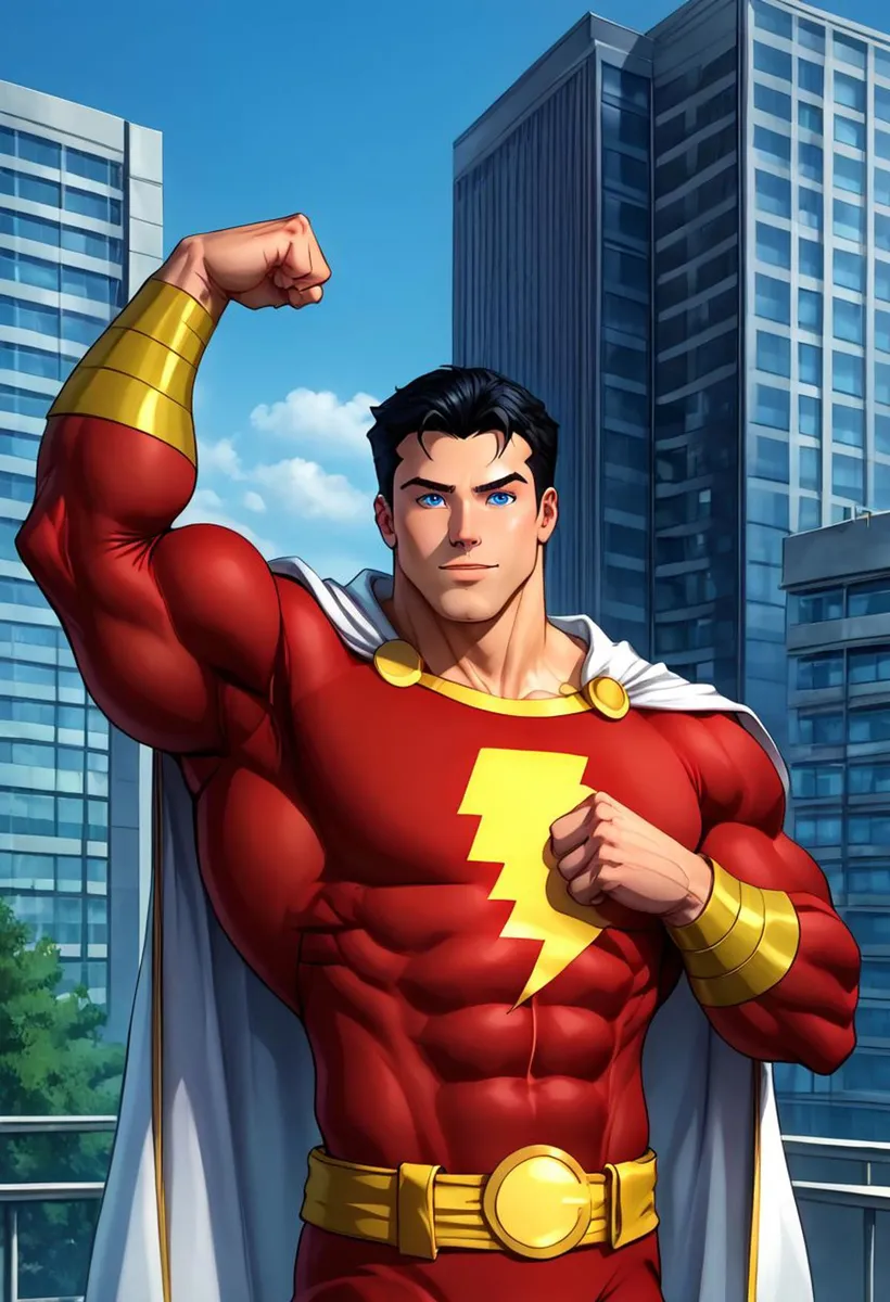 AI generated image using stable diffusion showing a muscular superhero flexing his arm in a city background, wearing a red costume with a yellow lightning emblem.