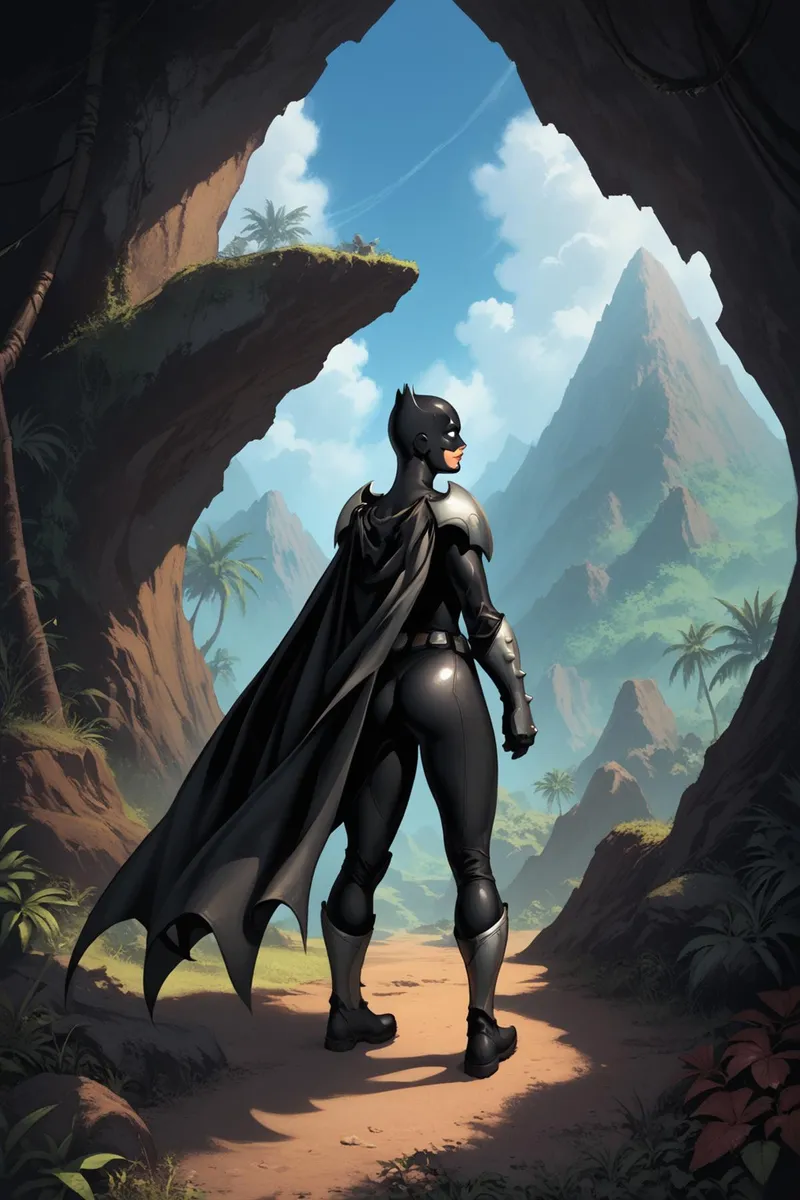 A superhero dressed in a black costume standing in an opening of a mountain cave, gazing at a lush, mountainous landscape under a bright sky, created using Stable Diffusion.