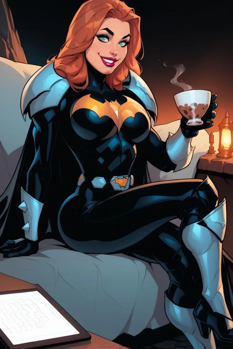 A superhero woman with red hair, wearing a black and gold costume with a bat emblem, sitting and sipping coffee. Stable Diffusion generated image.
