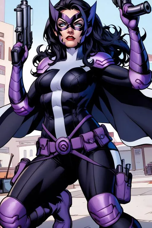 A female superhero in a black and purple costume with a mask, depicted in a comic book style, AI generated using Stable Diffusion.