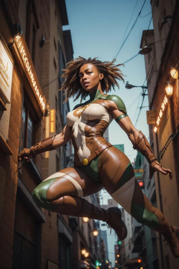 Superhero woman in a dynamic action pose within an urban setting. AI generated image using Stable Diffusion.