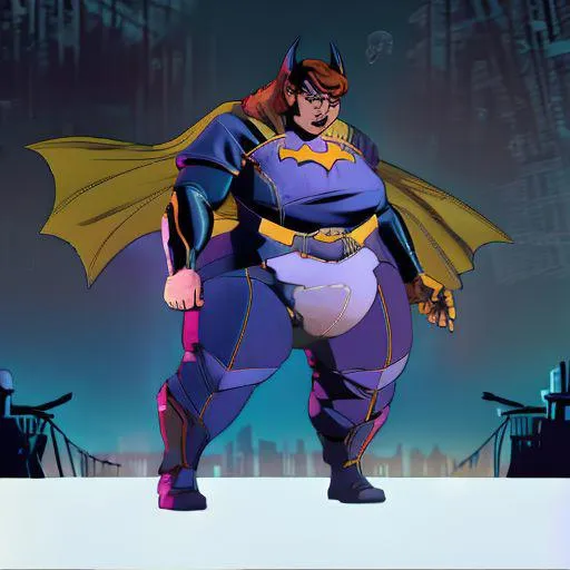 Superhero plus-size woman in a purple and yellow costume with a cape, AI generated image using stable diffusion.