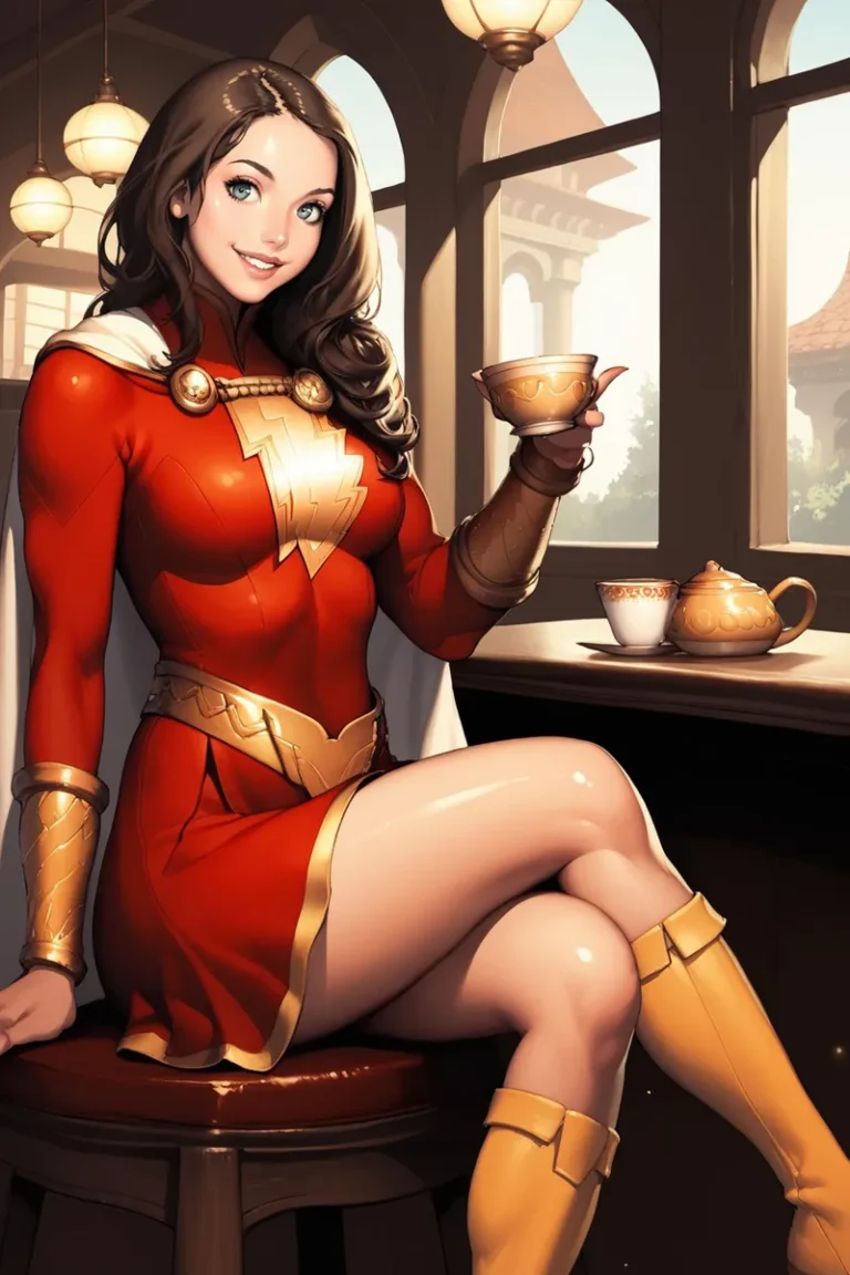 AI generated image using Stable Diffusion of a superhero woman in a red and gold costume enjoying a tea break while sitting on a chair with a warm background setting.