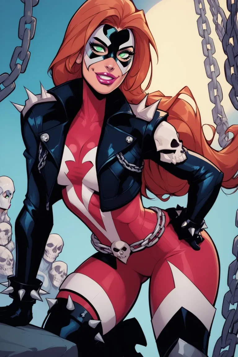 An AI generated image of a superheroine with bright red hair, a form-fitting red and white costume, and a black leather jacket adorned with spikes and skulls. She is smiling confidently with chains and skulls in the background.