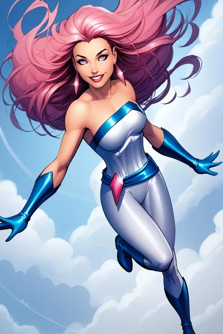 A superheroine with flowing pink hair, dressed in a white and blue costume, in mid-flight against a backdrop of clouds, AI generated using Stable Diffusion.