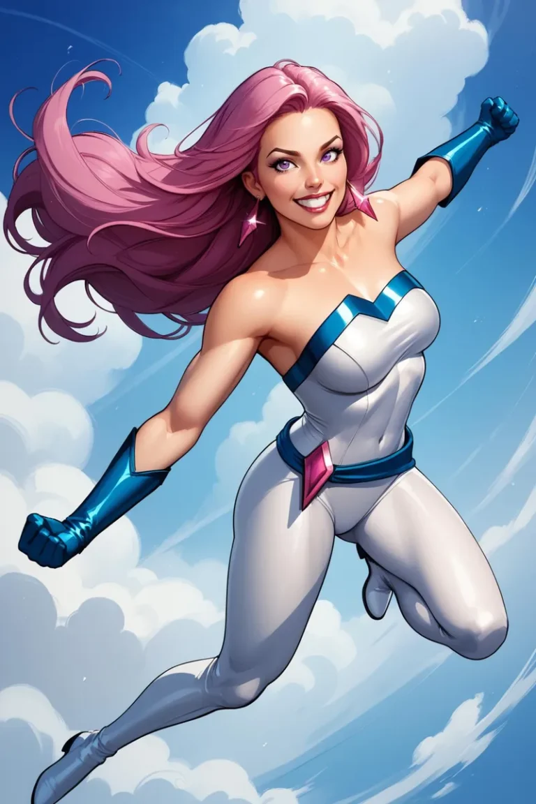 AI generated image of a superheroine with pink hair in a white and blue suit flying against a sky background using Stable Diffusion.