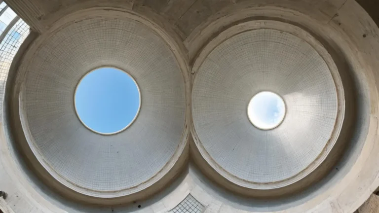 Two large, symmetrical, dome-shaped structures with circular openings at the top, showcasing a clear blue sky, AI generated using Stable Diffusion.