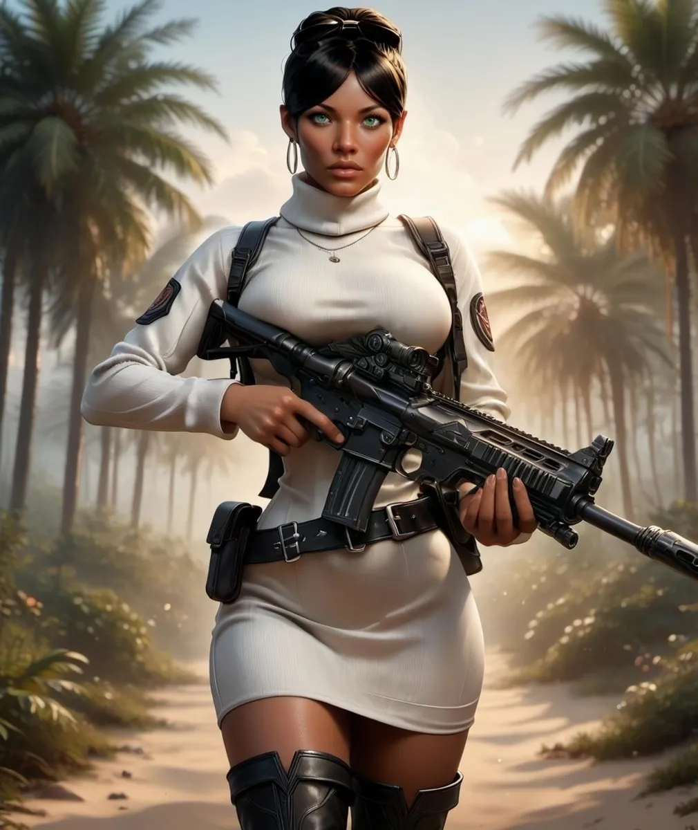 A tactical woman wearing a white outfit, holding a rifle in a jungle background. AI generated image using Stable Diffusion.