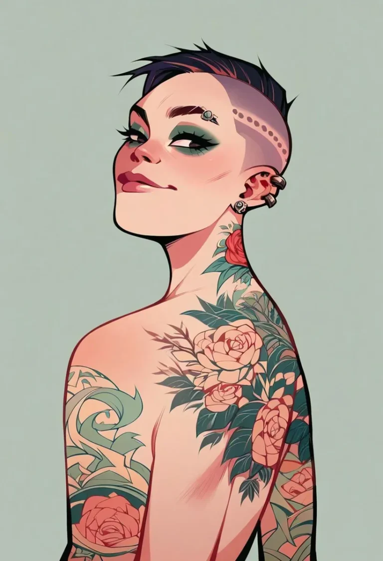 A digital art of a tattooed woman with short hair and floral designs on her skin, created using Stable Diffusion AI.