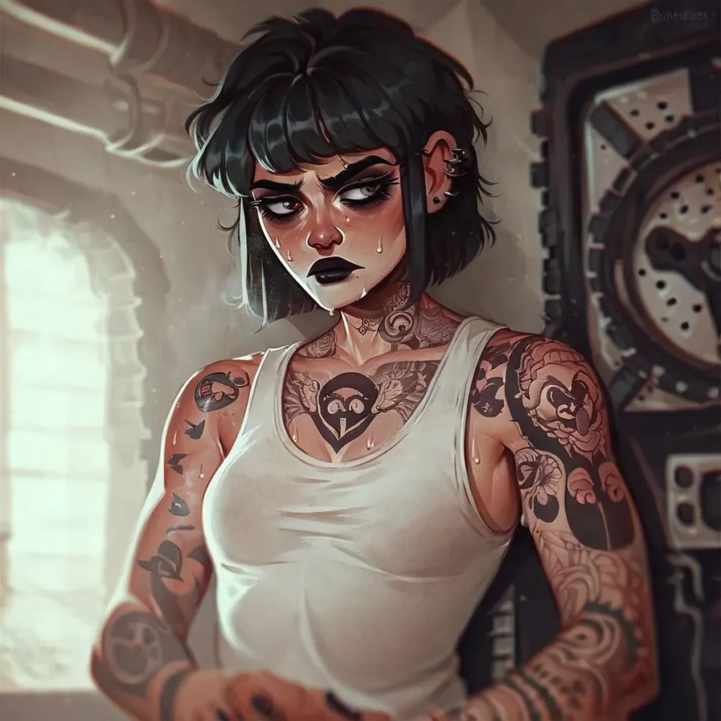 AI generated image using Stable Diffusion: A tattooed woman with black lipstick, short black hair wearing a white tank top in a cyberpunk setting.