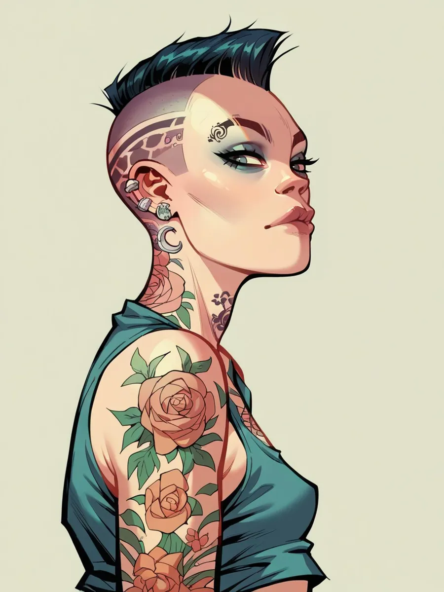 A cyberpunk-style woman with tattoos, featuring roses on her arm and geometric patterns on her shaved head. AI generated image using stable diffusion.