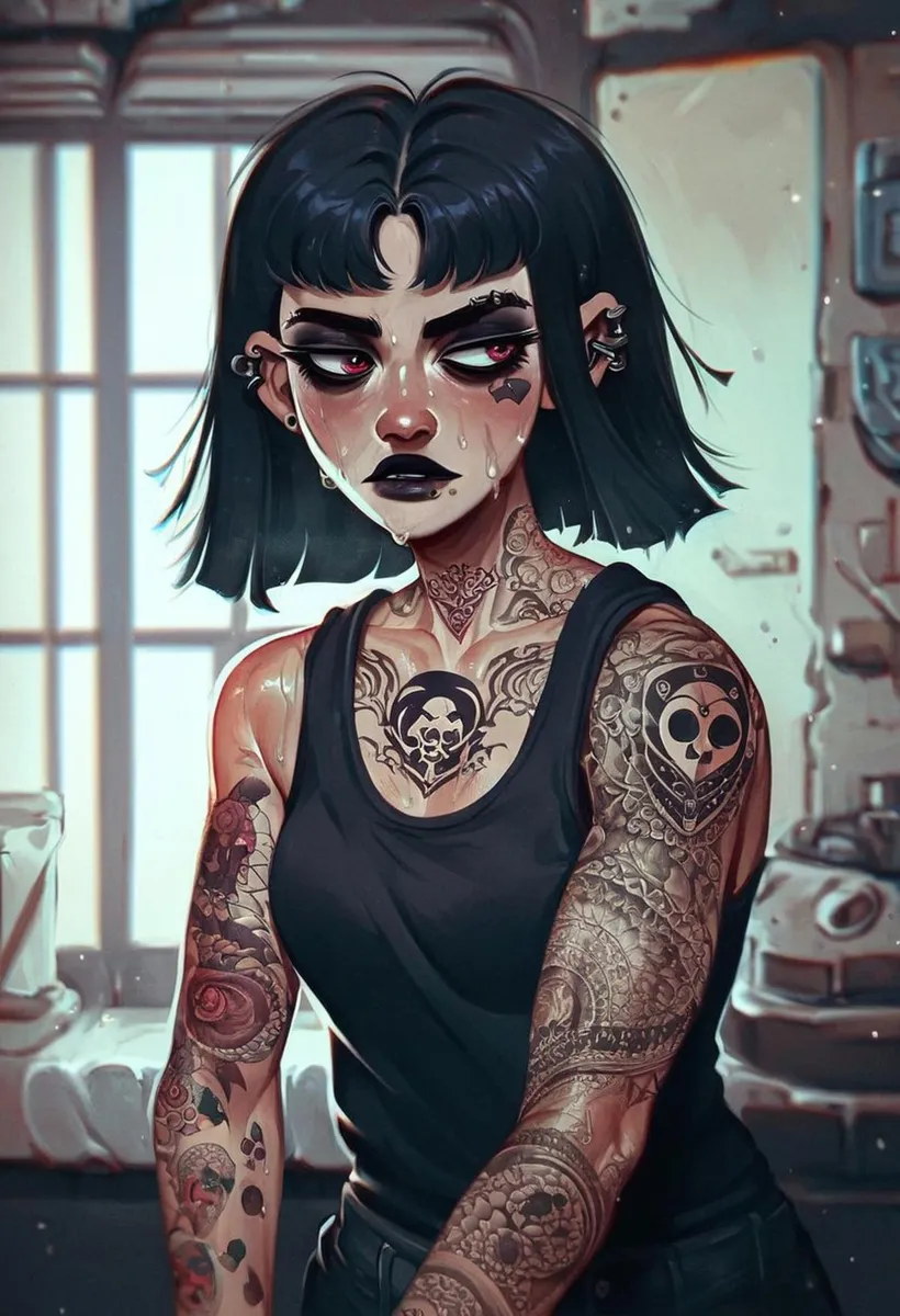 AI generated image using Stable Diffusion of a tattooed woman in a gothic style with dark makeup, black tank top, and tears in her eyes in a room.