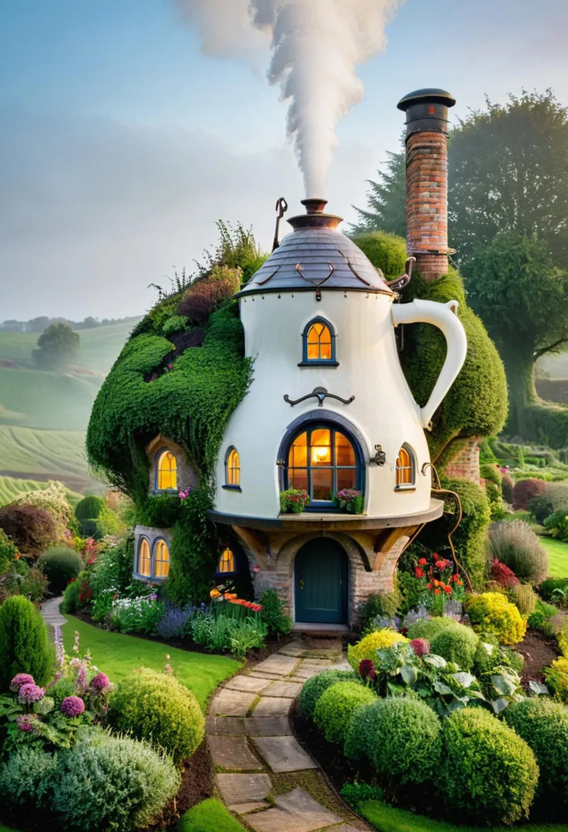 Whimsical teapot-shaped house surrounded by a vibrant and lush garden, created with AI using Stable Diffusion.