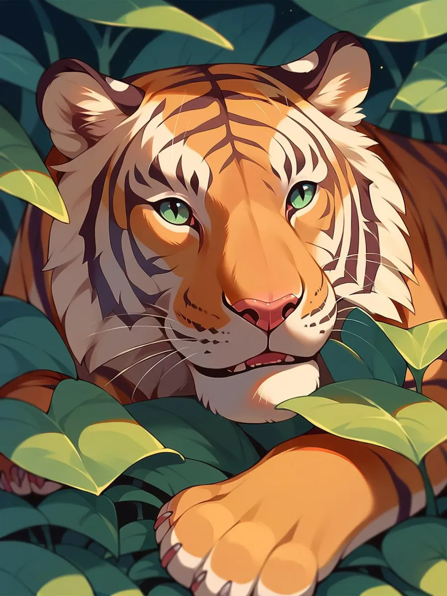 A detailed AI-generated illustration of a tiger with green eyes resting amidst jungle foliage, created using Stable Diffusion.