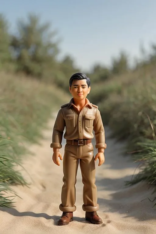 A highly detailed action figure dressed in a khaki uniform standing in a sandy outdoor setting with greenery in the background. AI-generated image using Stable Diffusion.