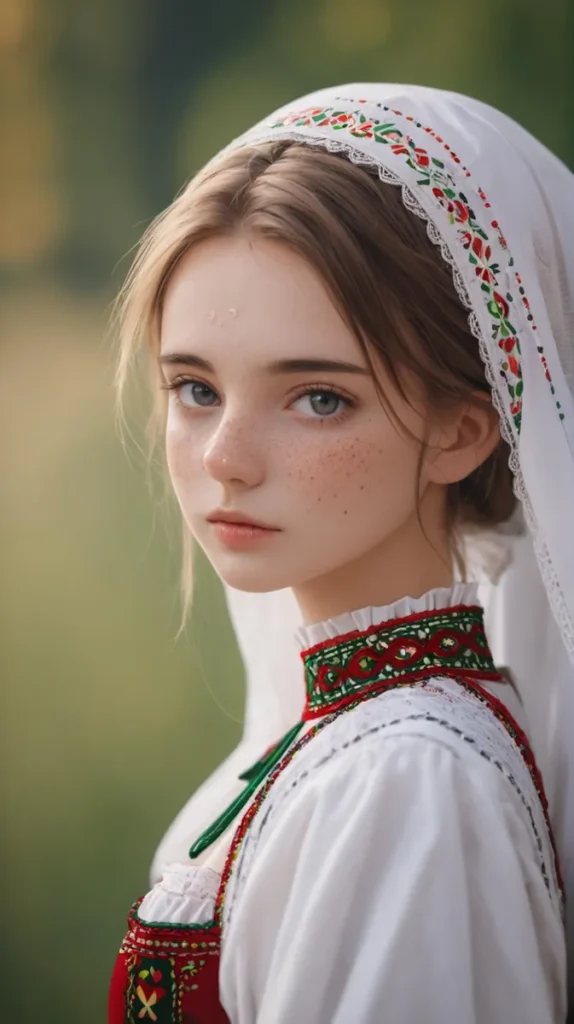 Young woman with freckles wearing traditional attire and a headscarf, AI generated image using Stable Diffusion.