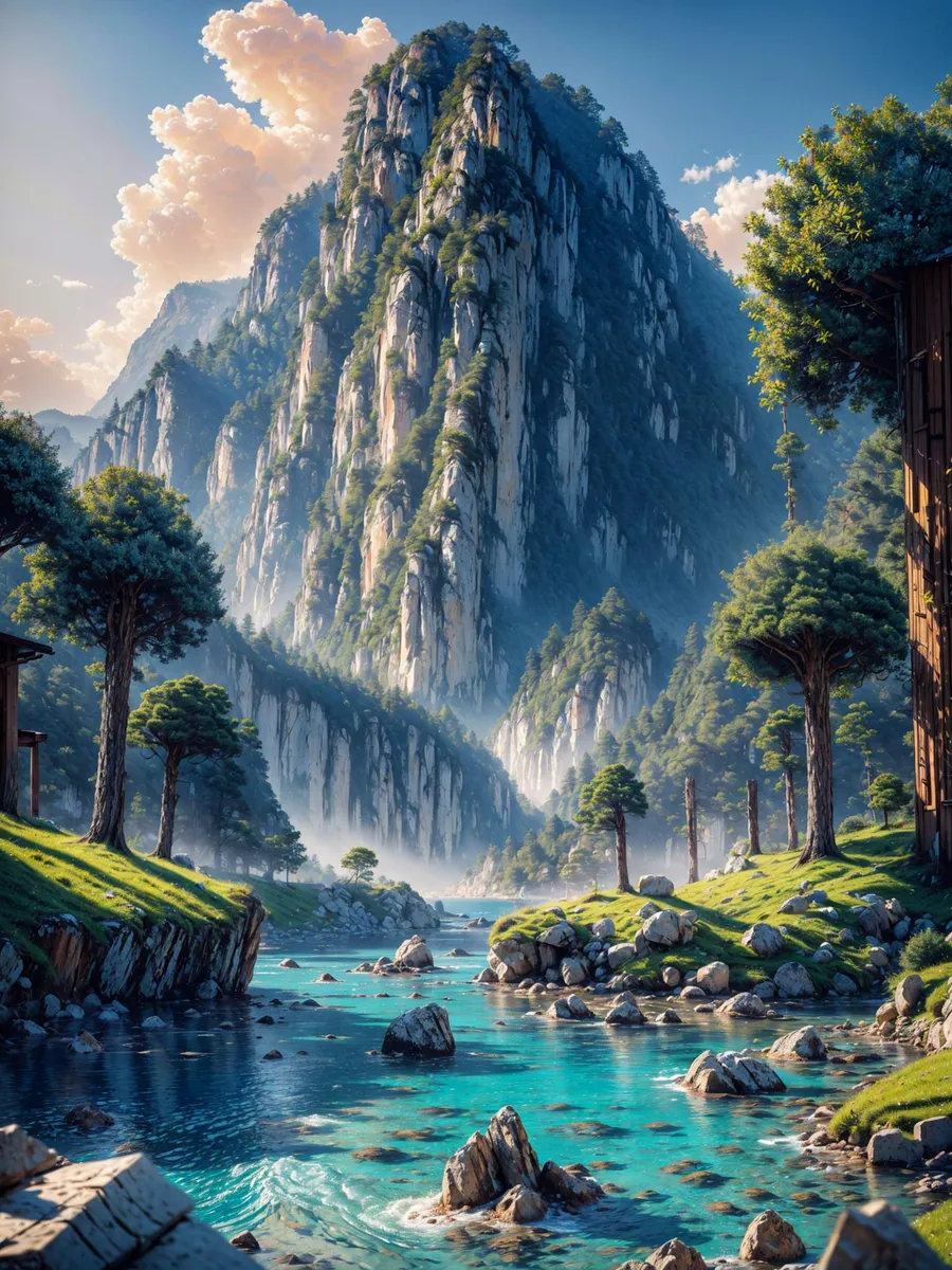 A tranquil valley with a blue river flowing through lush greenery and a majestic mountain in the background. This is an AI generated image using Stable Diffusion.