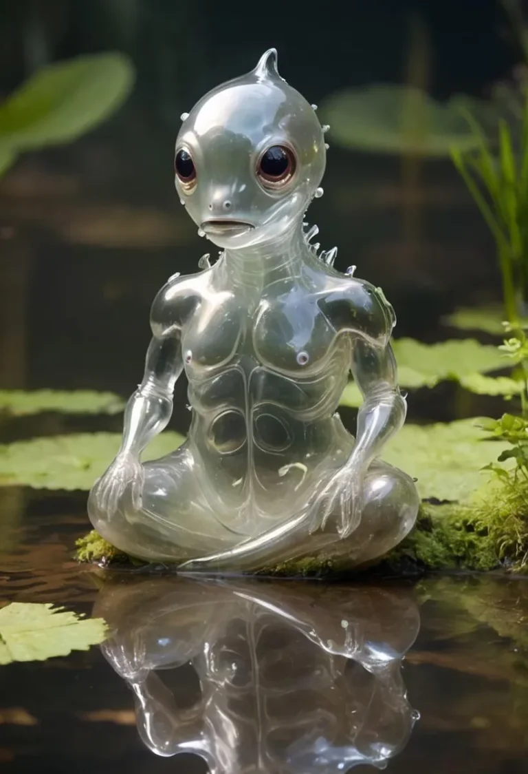 Transparent alien-like creature sitting on a mossy surface near water, AI-generated image using stable diffusion.