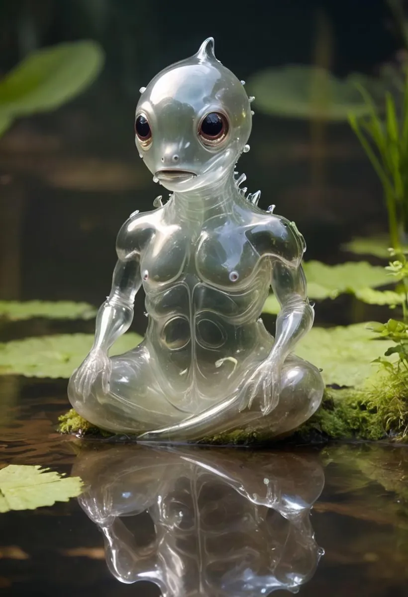 Transparent alien-like creature sitting on a mossy surface near water, AI-generated image using stable diffusion.