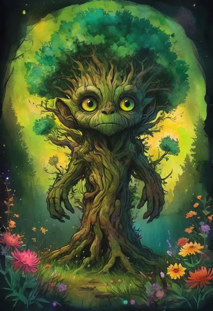 An AI generated image using Stable Diffusion depicting a whimsical tree creature with large green eyes, standing amidst a colorful and magical forest.