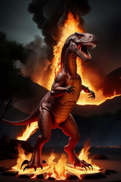 AI-generated image of a T-Rex dinosaur standing amidst flames in front of an erupting volcano, created using Stable Diffusion.
