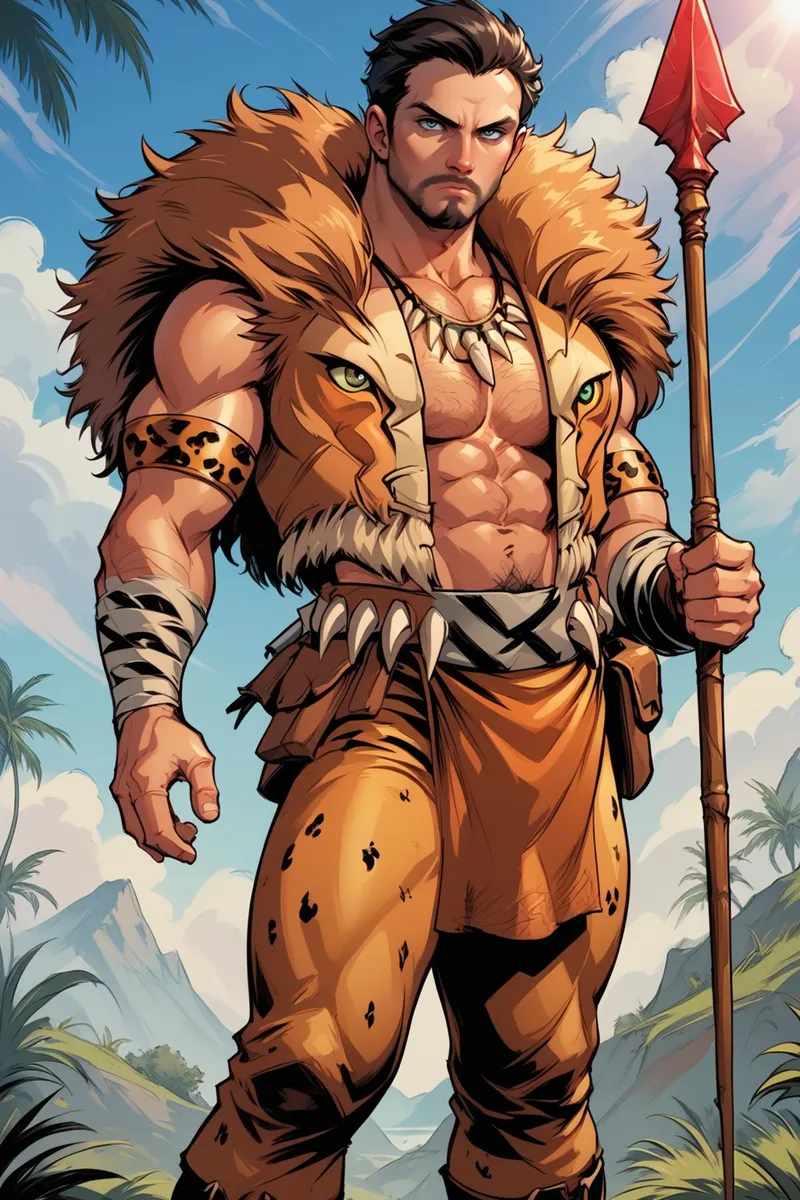 A muscular male warrior, dressed in a fur-lined tribal outfit with a tiger face decoration, standing confidently with a spear in a lush jungle setting. AI generated image using Stable Diffusion.