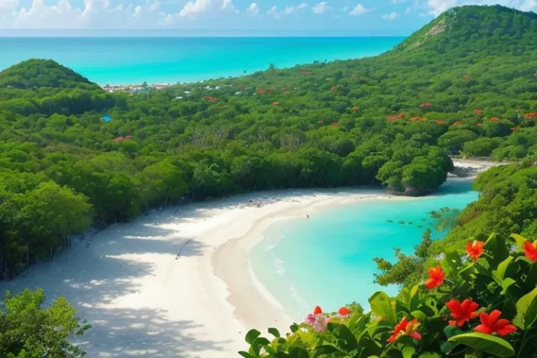 AI generated image using Stable Diffusion of a tropical beach with turquoise waters, white sandy shore, lush green vegetation, and vibrant red flowers in the foreground.