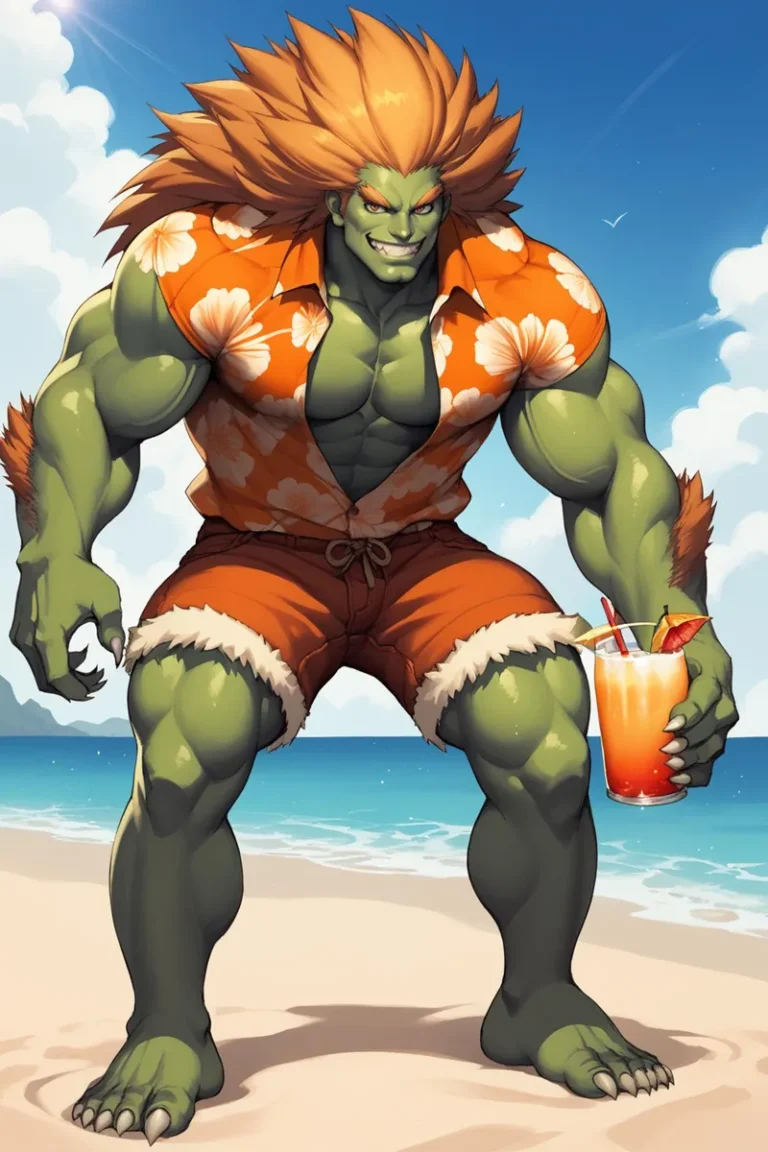 AI generated image using Stable Diffusion of a green-skinned monster with orange hair, wearing an orange floral shirt, holding a tropical drink at the beach.