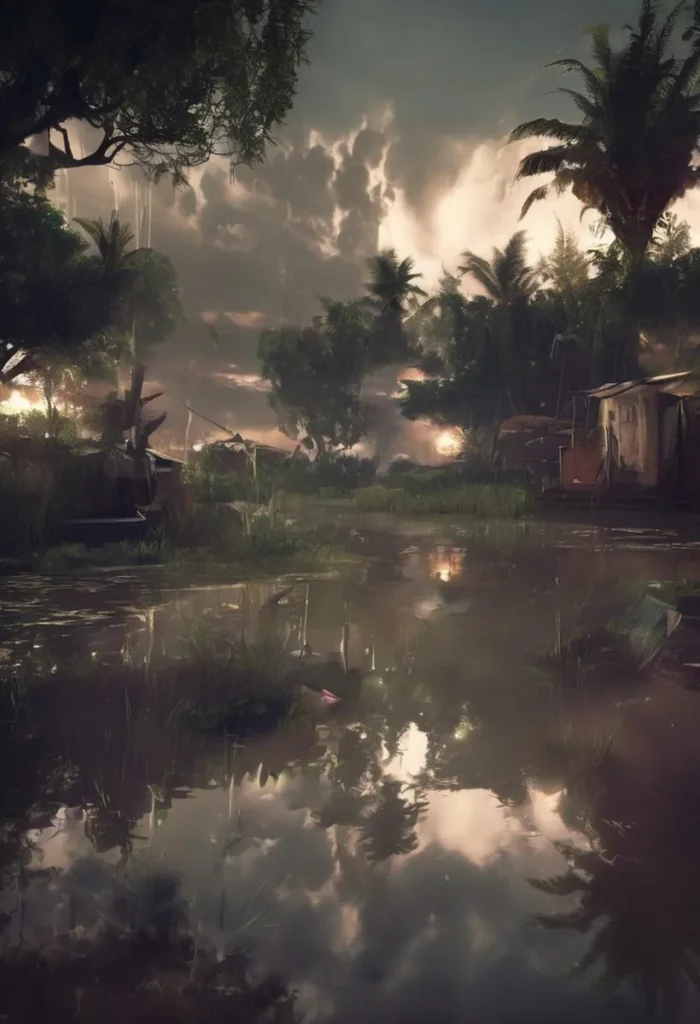 Ai-generated image using stable diffusion depicting a flooded village under a tropical rainstorm, with reflections in the water and dark, cloudy skies.