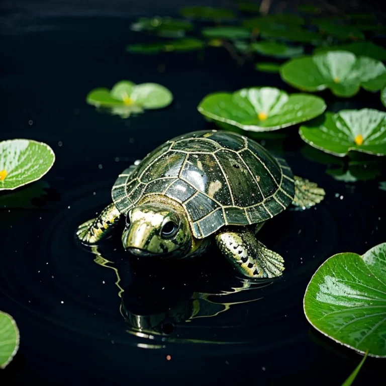 AI generated image using Stable Diffusion of a turtle swimming in a dark pond surrounded by green water lilies.