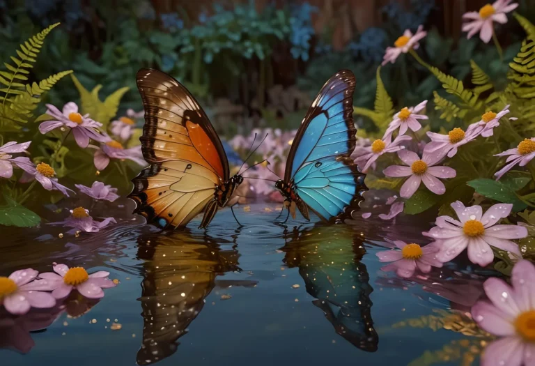 AI-generated image using Stable Diffusion of two butterflies, one orange and one blue, facing each other by a tranquil pond surrounded by pink flowers and green foliage.