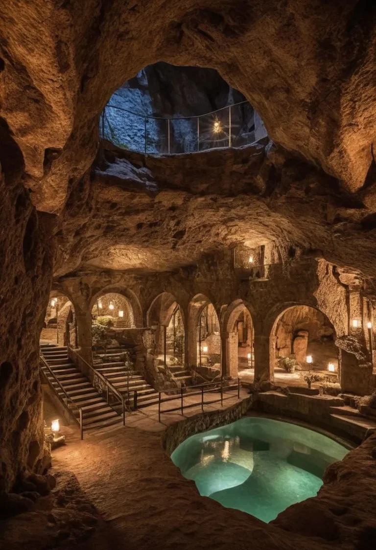 AI-generated image via Stable Diffusion of a spacious underground cave featuring ancient stone architecture and a tranquil subterranean pool illuminated by warm lights.