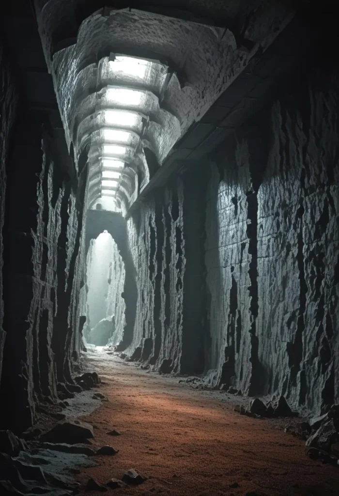 A mysterious underground tunnel with ethereal lighting, created by AI using Stable Diffusion.
