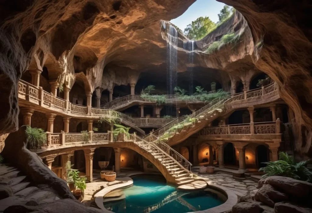 An AI generated image using stable diffusion showing an intricately designed underground palace with a central waterfall cascading from the cave ceiling into a pool below.
