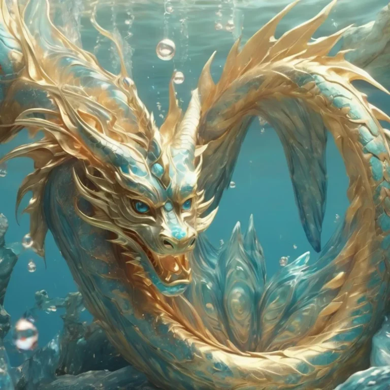 An AI generated image of a golden-scaled underwater dragon created using Stable Diffusion.