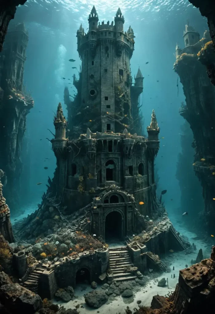Underwater castle located in mysterious sunken ruins, created with AI using Stable Diffusion.