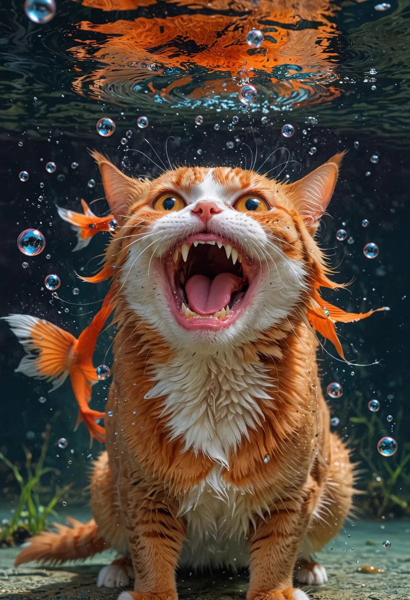 A playful and ferocious orange and white cat with an open mouth underwater, with goldfish swimming around and bubbles rising, AI generated using Stable Diffusion.