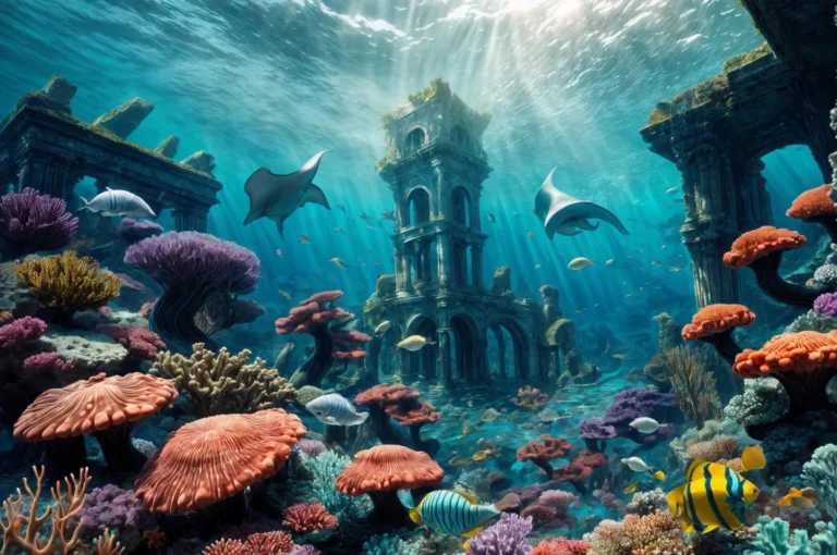 Underwater scenery featuring a vibrant coral reef, ancient ruins, and various sea creatures. AI generated image using stable diffusion.