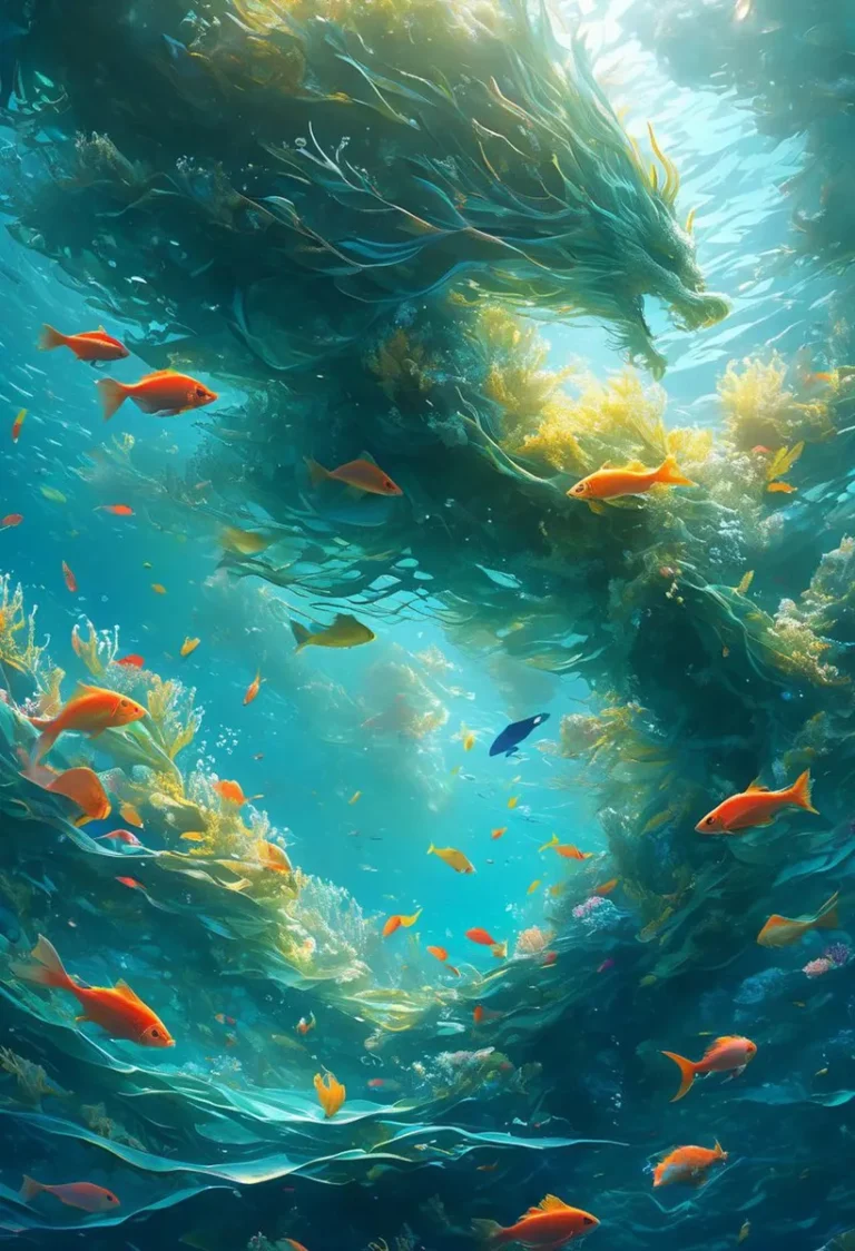 An AI generated image using Stable Diffusion depicting a vibrant underwater scene with a fantasy dragon swimming among colorful fish and coral reefs.