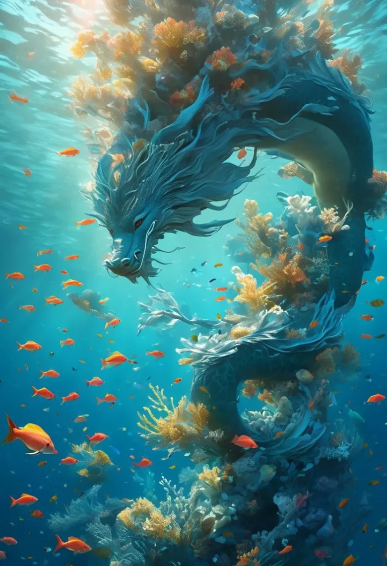 A mystical underwater dragon entwined with a vibrant coral reef, surrounded by colorful fish. AI generated image using Stable Diffusion.