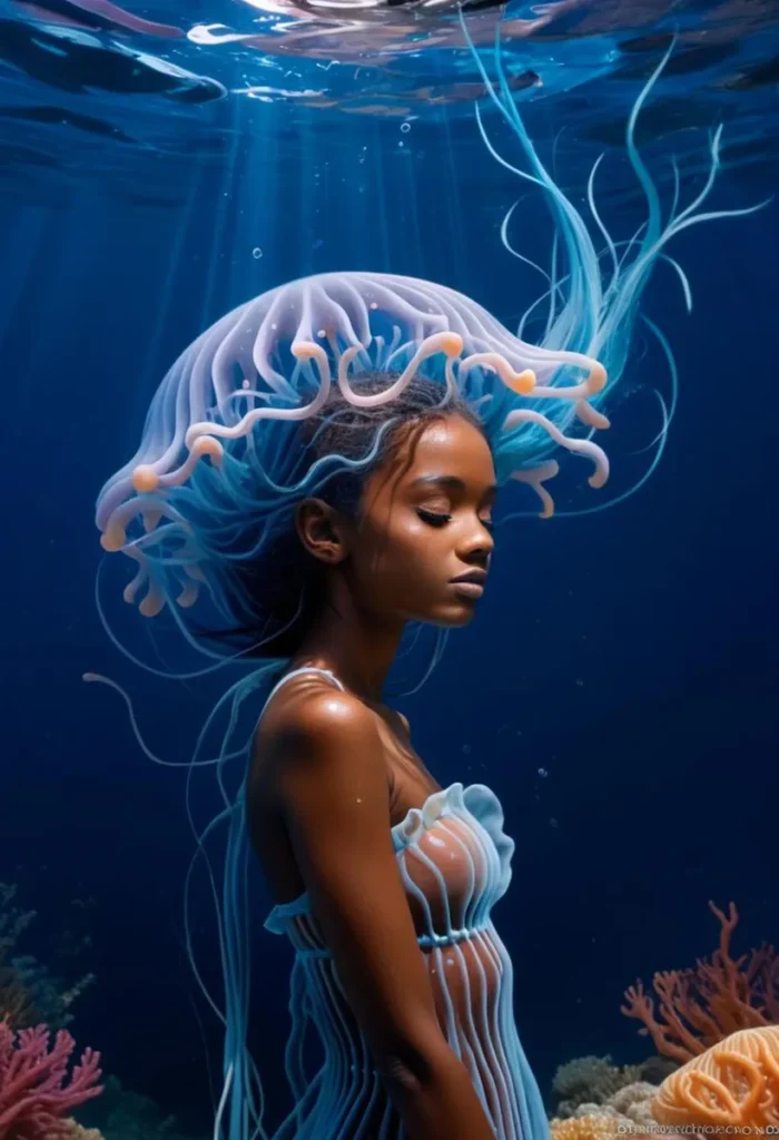 An AI generated image using Stable Diffusion of an ethereal underwater scene featuring a woman with bioluminescent jellyfish-like attire.