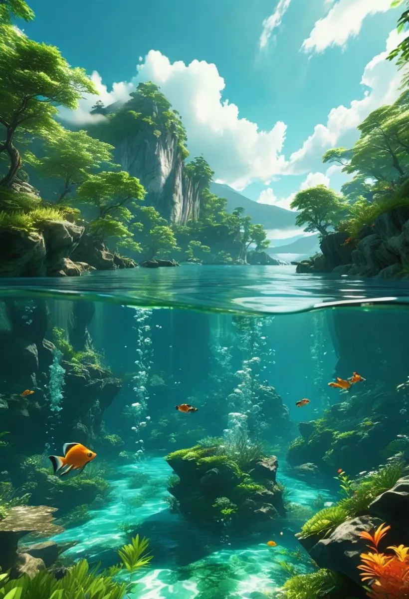 Vivid underwater scenery merging with a lush, fantastical landscape. Generated using Stable Diffusion AI.