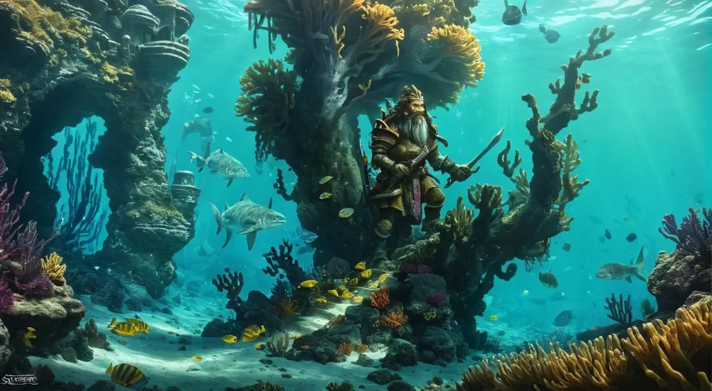 An underwater fantasy scene with detailed coral reefs, fish, and an armored warrior holding a spear and sword. Stable diffusion ai image.