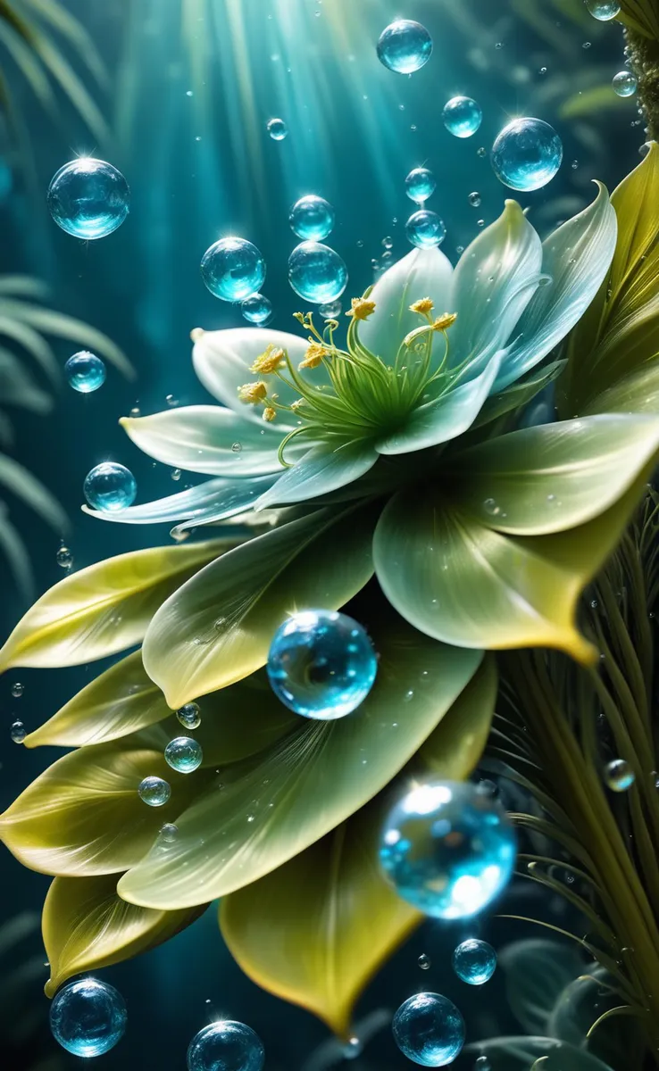 A vibrant green and yellow flower with small yellow stamens, surrounded by floating blue bubbles, all immersed in an underwater digital art scene generated using Stable Diffusion.