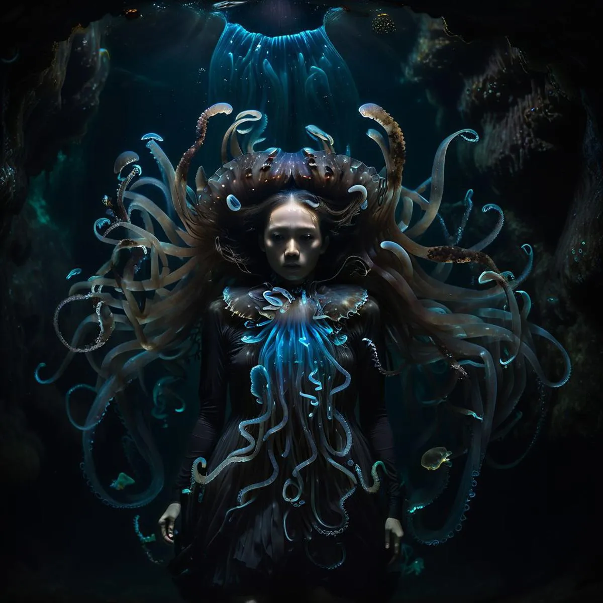A fantasy art depiction of an underwater goddess with flowing hair and glowing tentacles, AI generated using Stable Diffusion.