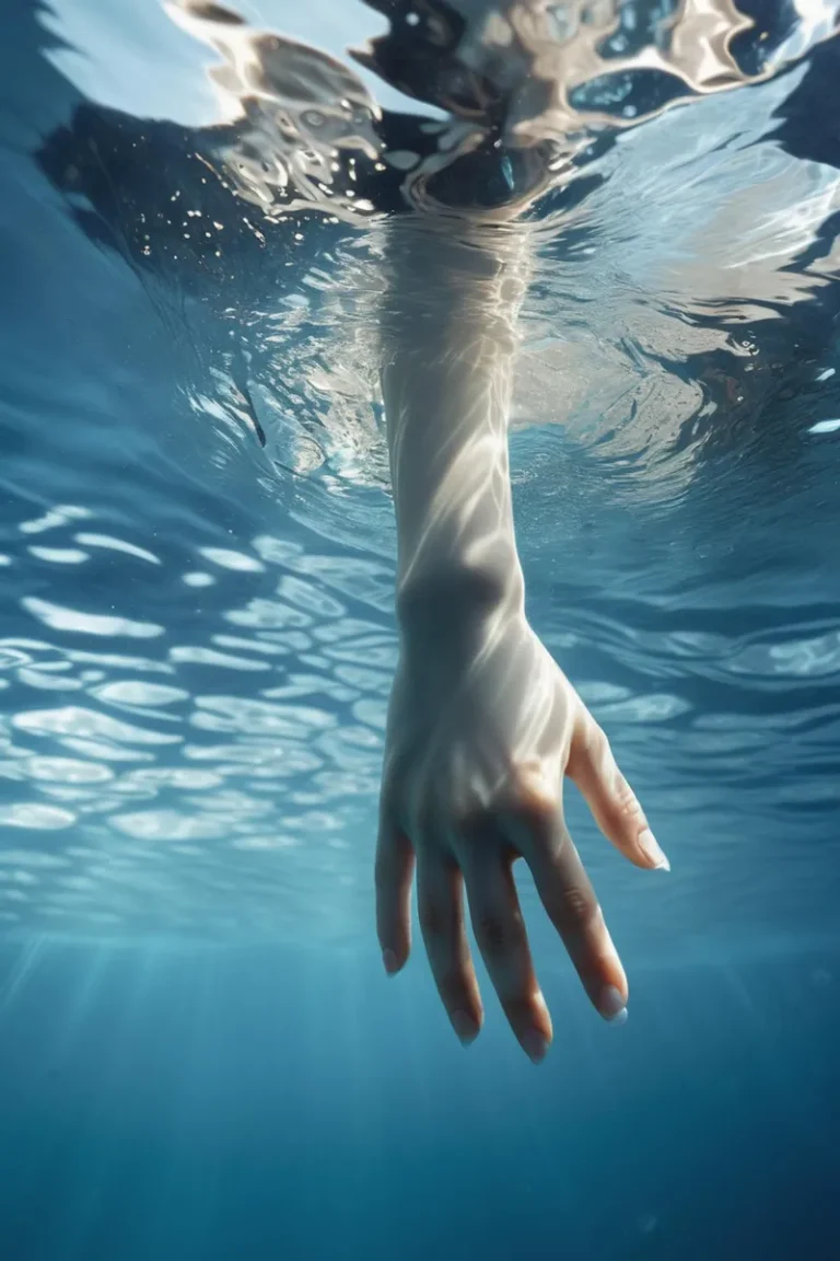 AI generated image of a realistic human hand submerged underwater, displaying intricate reflections and light patterns using Stable Diffusion.